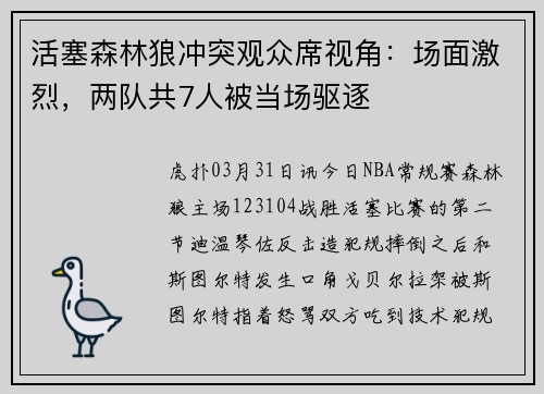活塞森林狼冲突观众席视角：场面激烈，两队共7人被当场驱逐