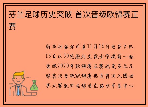 芬兰足球历史突破 首次晋级欧锦赛正赛